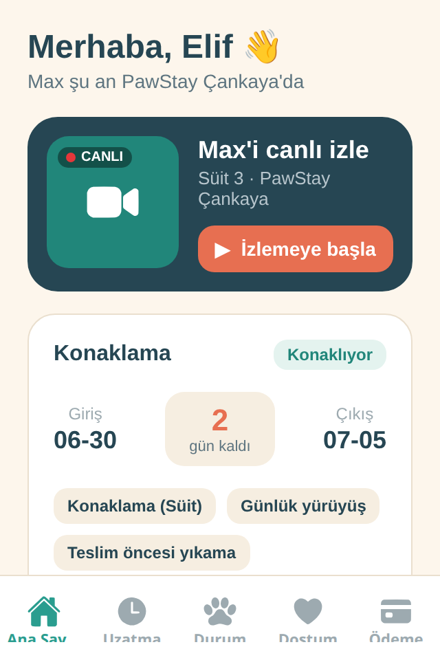 PawStay app — live pet camera & bookings